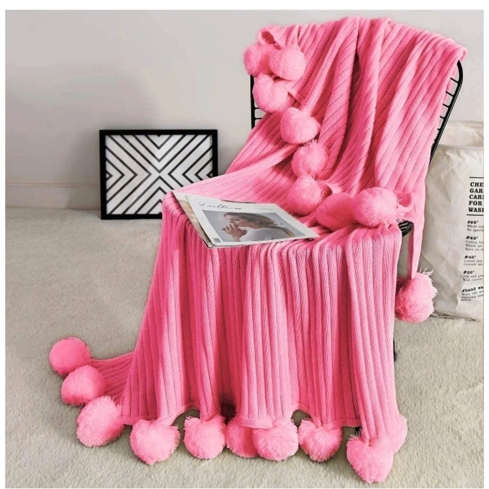Trendy Dark Grey Pompom Fringe Chic Cozy Soft Throw Blanket/Cover Dorm/Bedroom